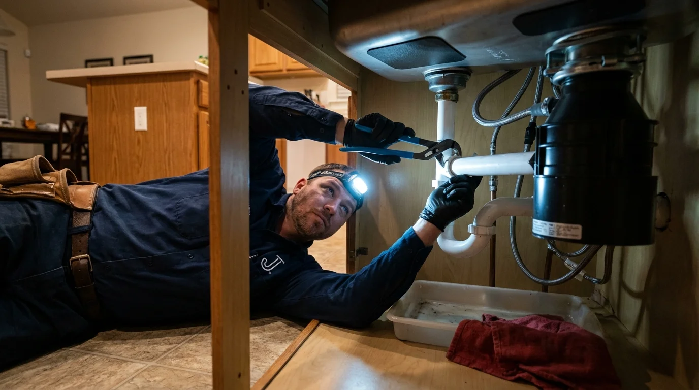P-trap and supply line connections under a kitchen sink showing a common leak point in Mendon, UT